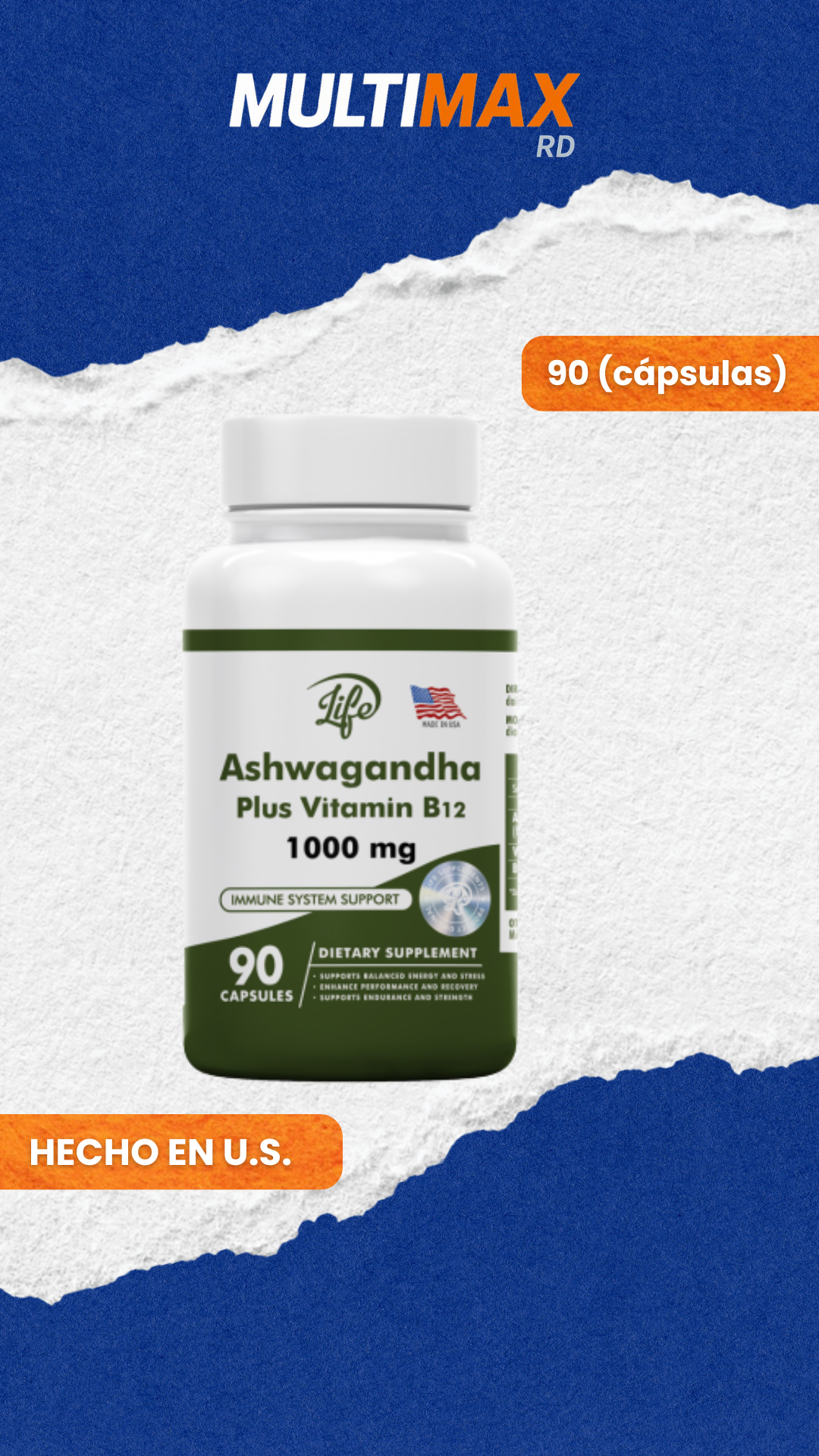 Ashwagandha + Vitamina B12 | Reduce el Estrés y Aumenta la Energía (90 Cápsulas)
